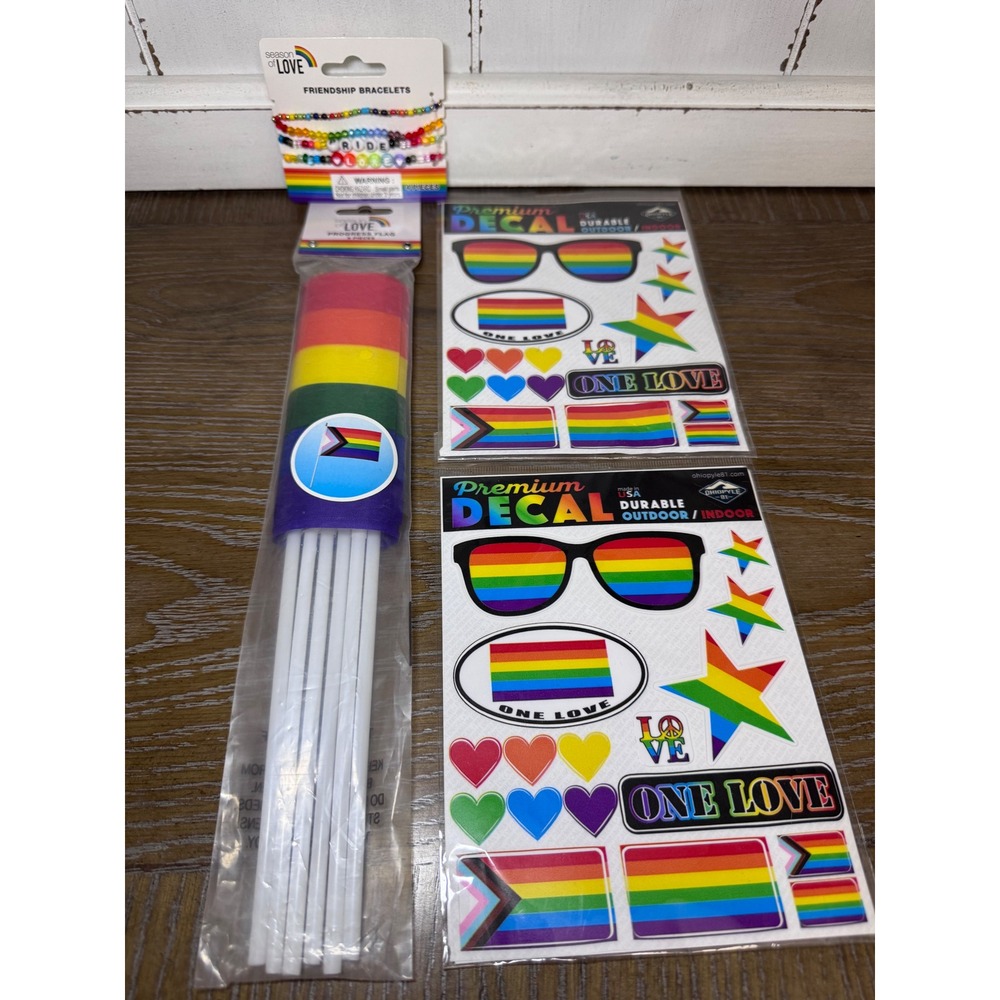 Pride Month Accessory Bundle Rainbow Flags Bracelets and Decals Set of 9 Items